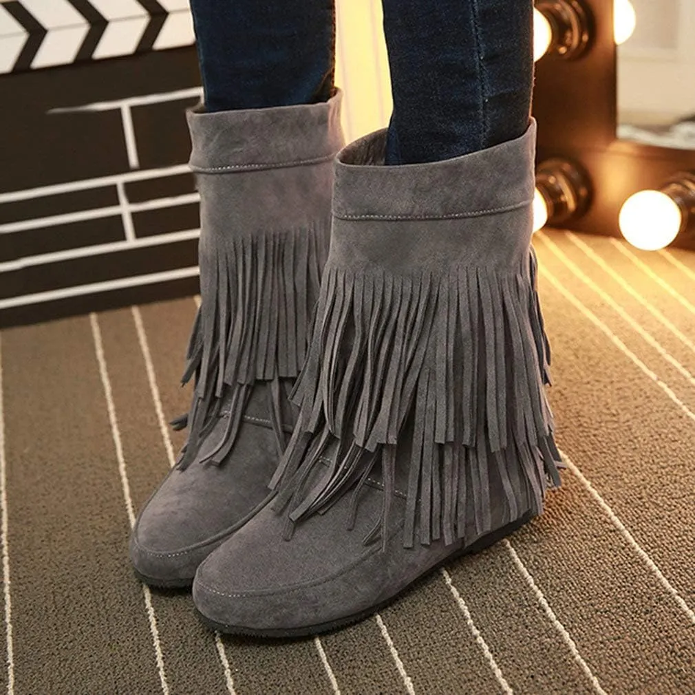 Caradise Womens Faux Suede 2 Layer Tassel Fringe Ankle Boots Flat Mid Calf Boots