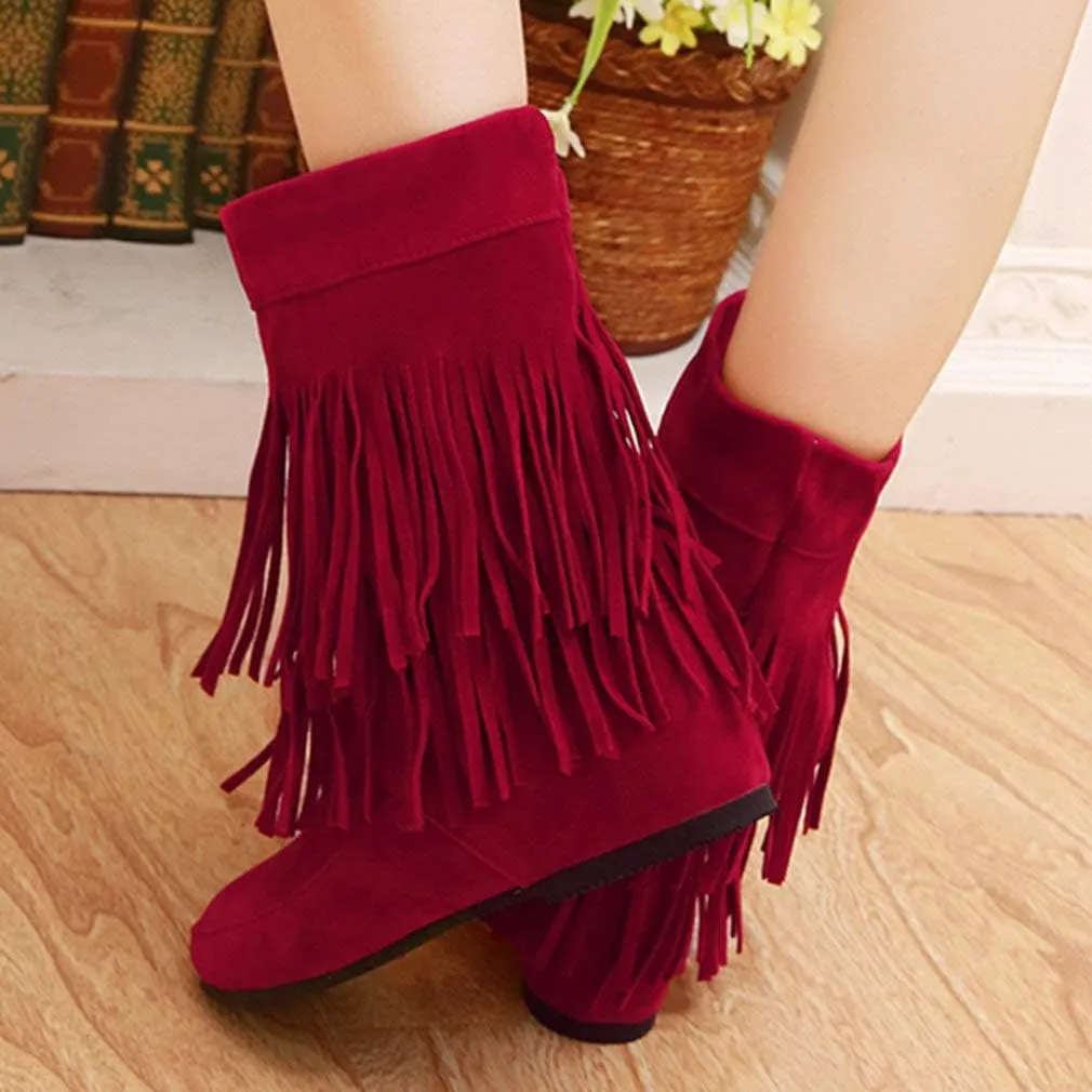 Caradise Womens Faux Suede 2 Layer Tassel Fringe Ankle Boots Flat Mid Calf Boots