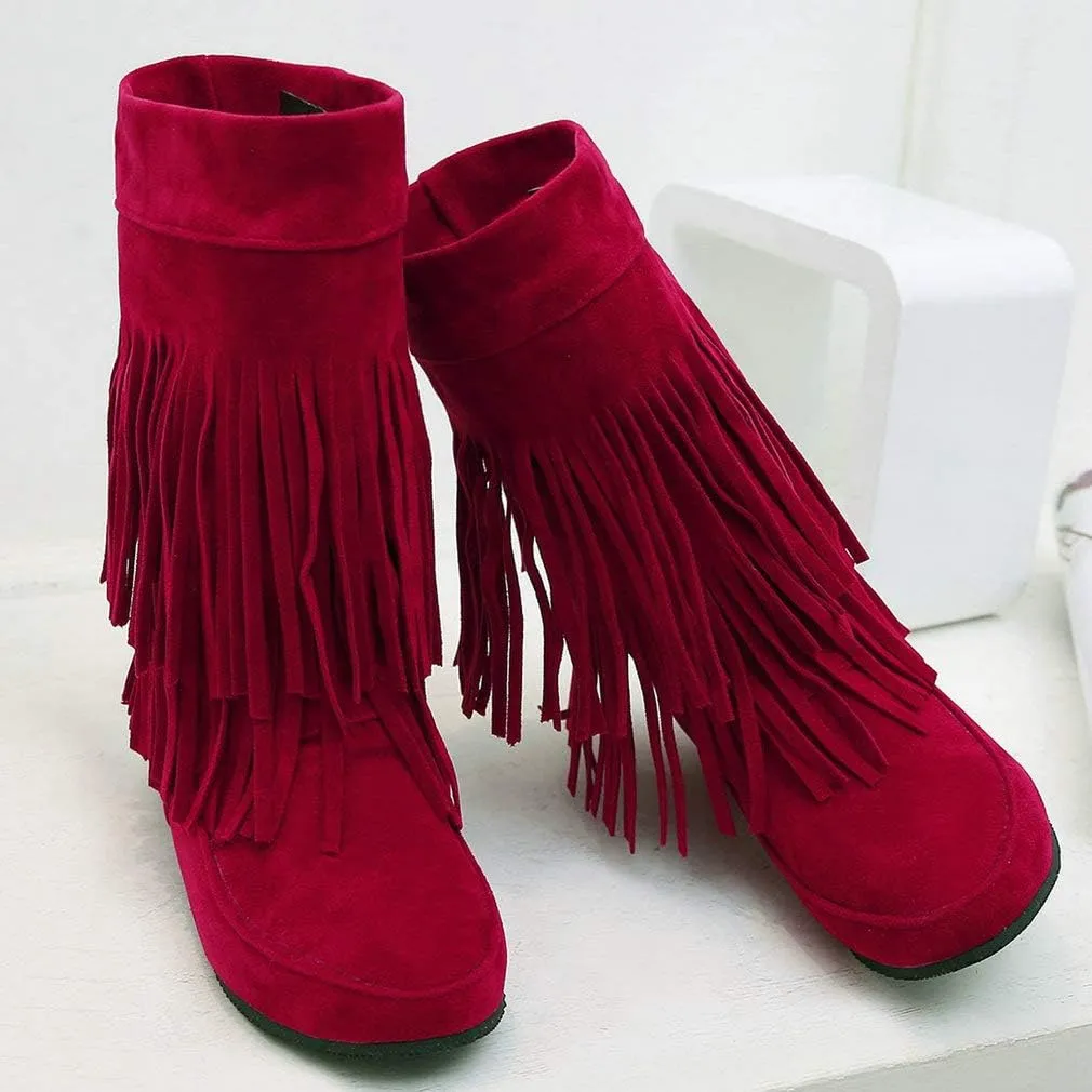 Caradise Womens Faux Suede 2 Layer Tassel Fringe Ankle Boots Flat Mid Calf Boots