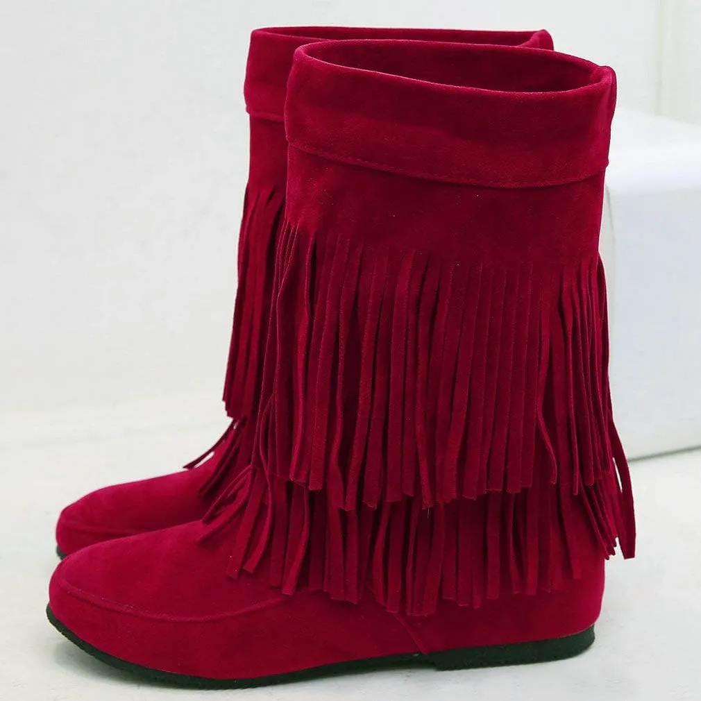 Caradise Womens Faux Suede 2 Layer Tassel Fringe Ankle Boots Flat Mid Calf Boots