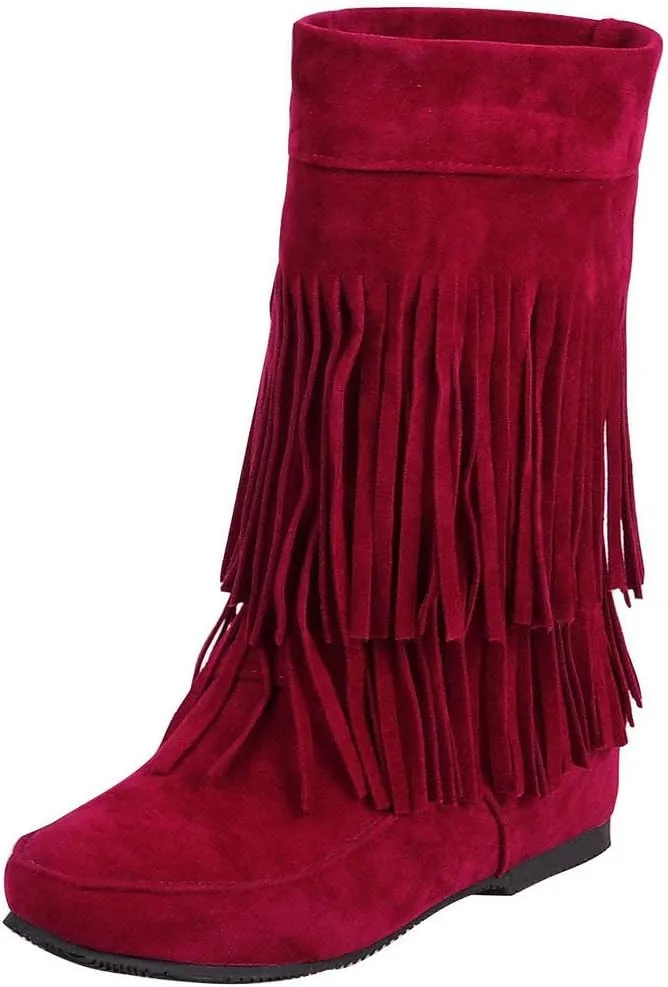 Caradise Womens Faux Suede 2 Layer Tassel Fringe Ankle Boots Flat Mid Calf Boots