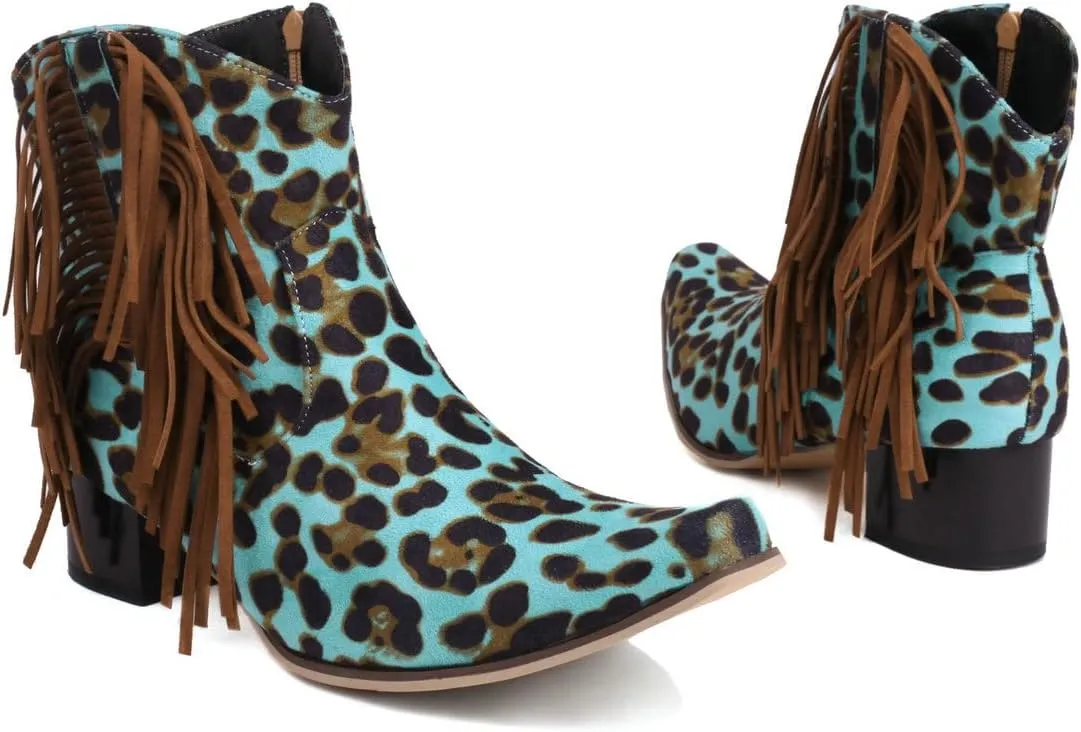 Caradise Womens Tassel Fringe Cowboy Boots Faux Suede Chunky High Heel Ankle Boots
