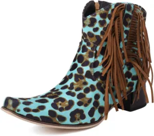 Caradise Womens Tassel Fringe Cowboy Boots Faux Suede Chunky High Heel Ankle Boots