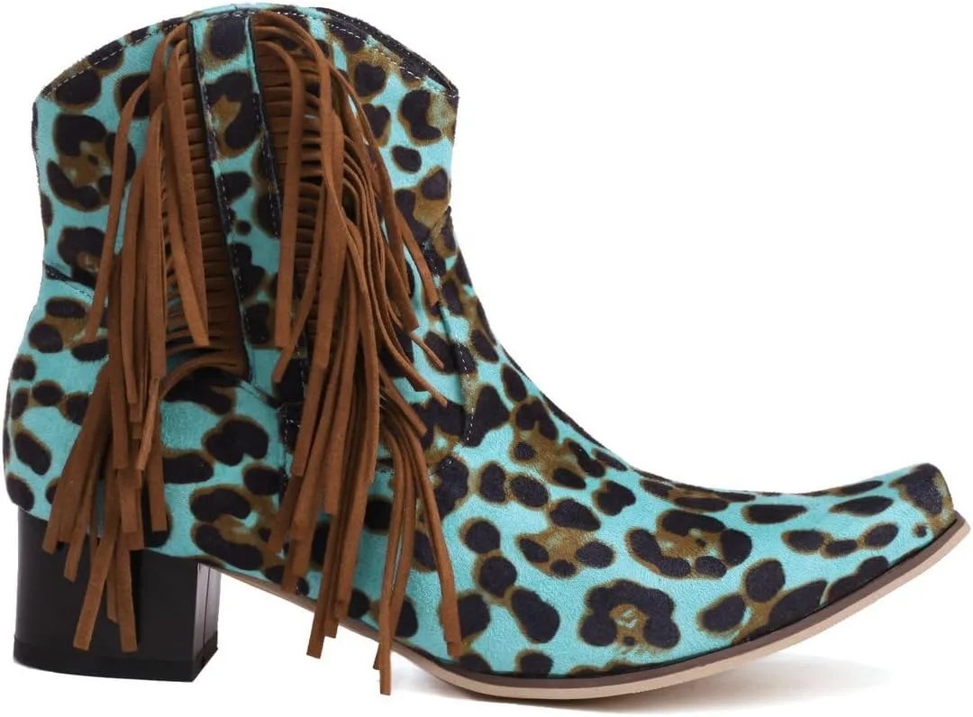 Caradise Womens Tassel Fringe Cowboy Boots Faux Suede Chunky High Heel Ankle Boots
