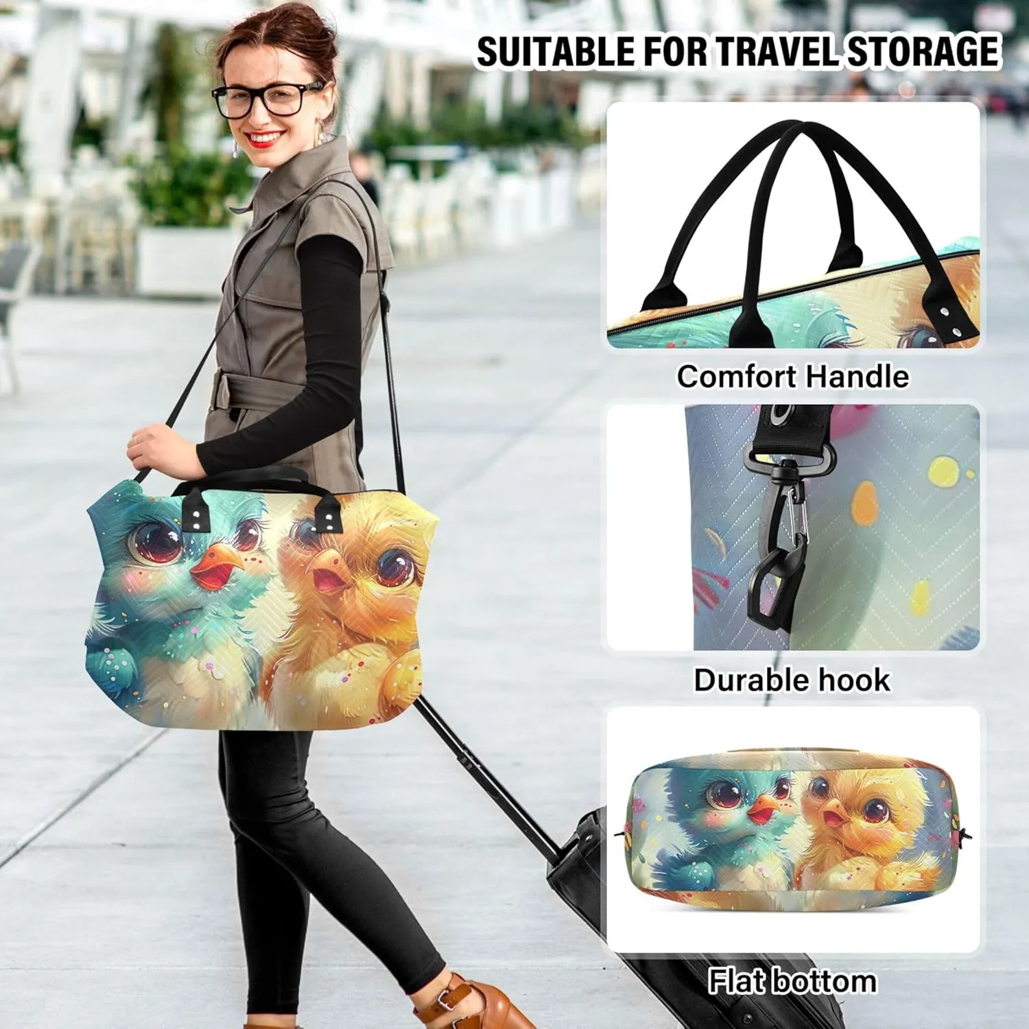 Cartoon Chickens Eggs Duffle Bags Travel Toiletry Bags Set of 2, Floral Womens Sports Bags Weekender Bags