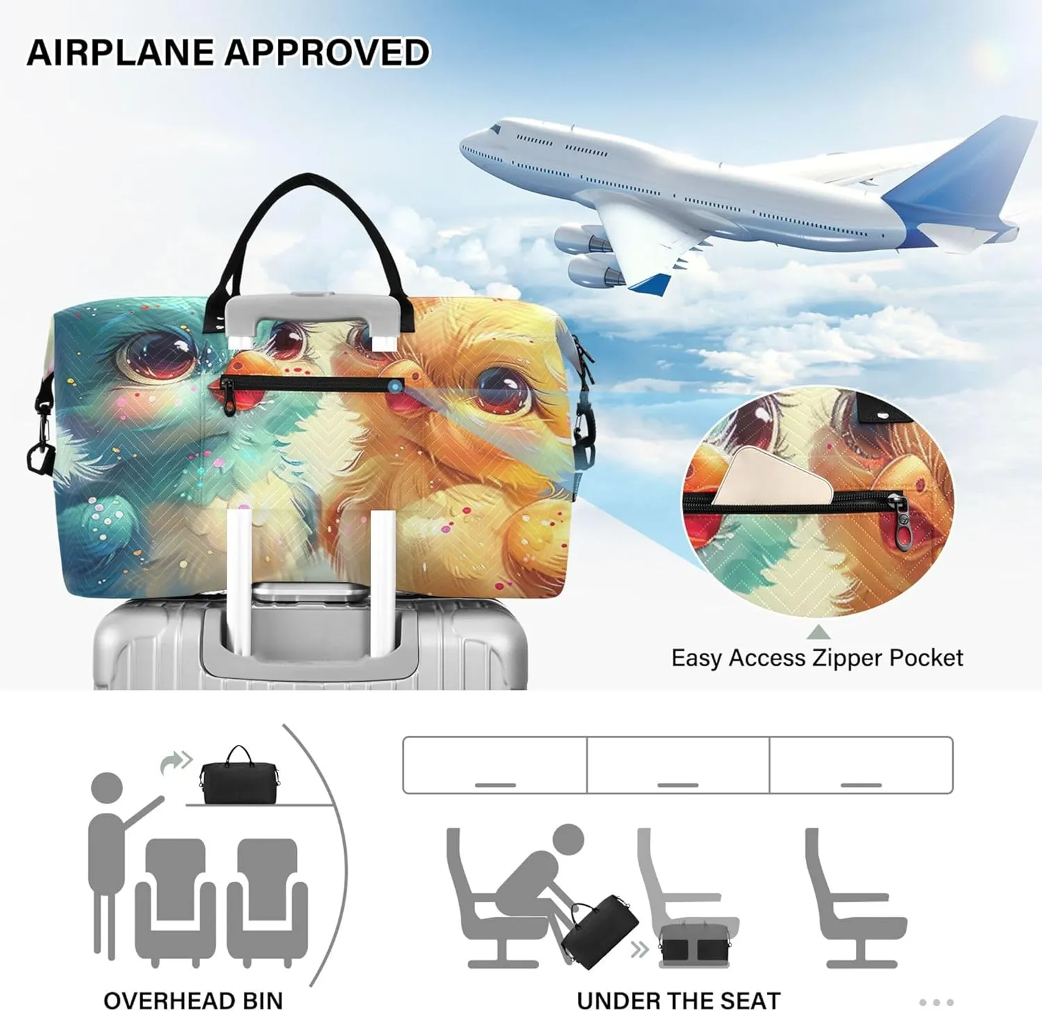 Cartoon Chickens Eggs Duffle Bags Travel Toiletry Bags Set of 2, Floral Womens Sports Bags Weekender Bags