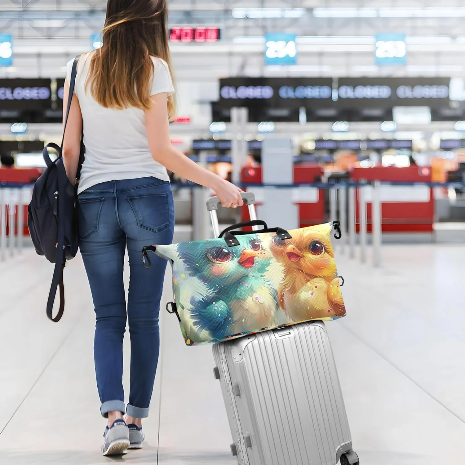 Cartoon Chickens Eggs Duffle Bags Travel Toiletry Bags Set of 2, Floral Womens Sports Bags Weekender Bags