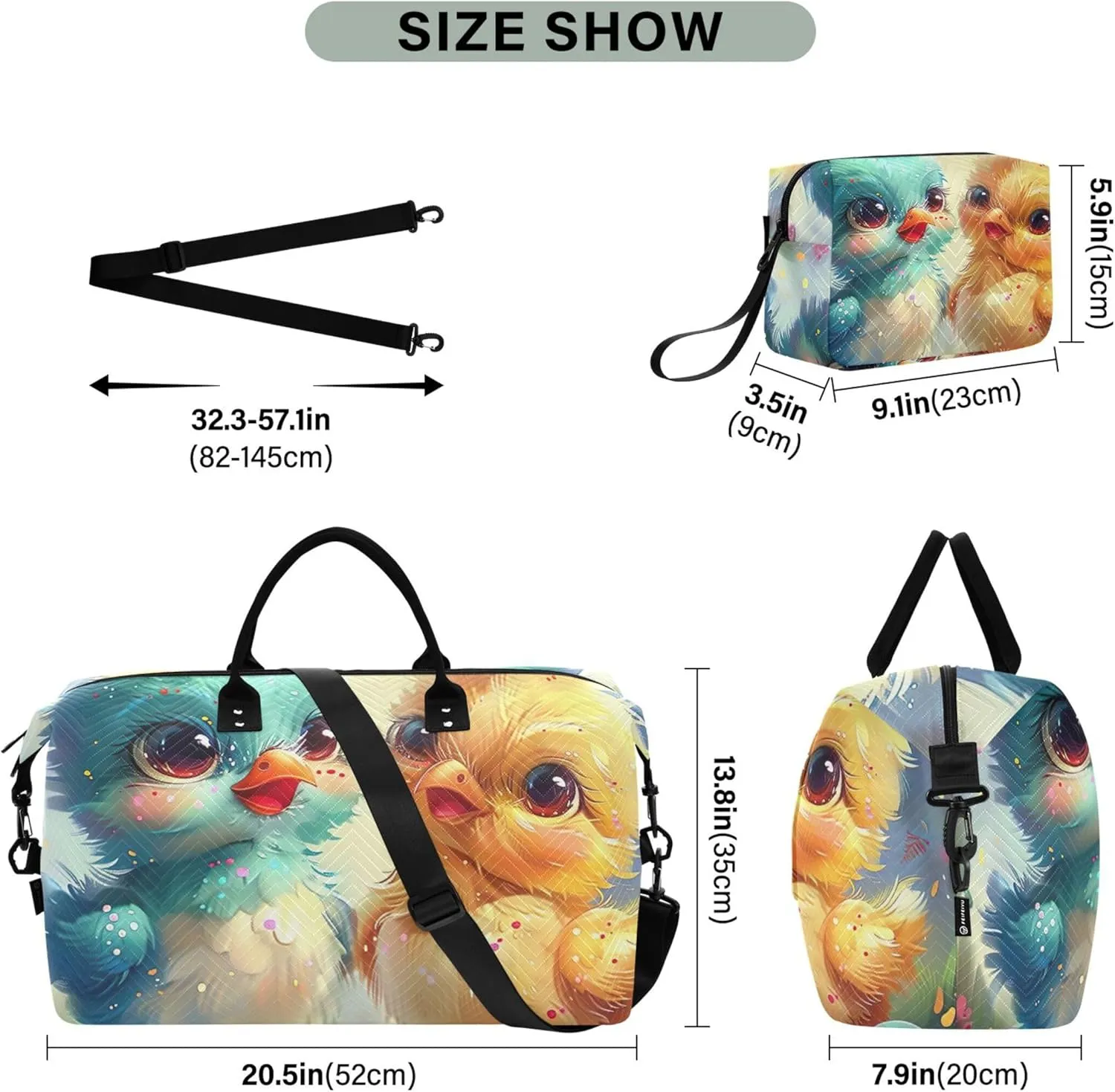 Cartoon Chickens Eggs Duffle Bags Travel Toiletry Bags Set of 2, Floral Womens Sports Bags Weekender Bags