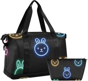 Cartoon Cute Colorful Neon Fluorescent Rabbit Overnight Travel Duffel Bag Weekender Overnight Bag with Adjustable Strap for Trekking Waterproof