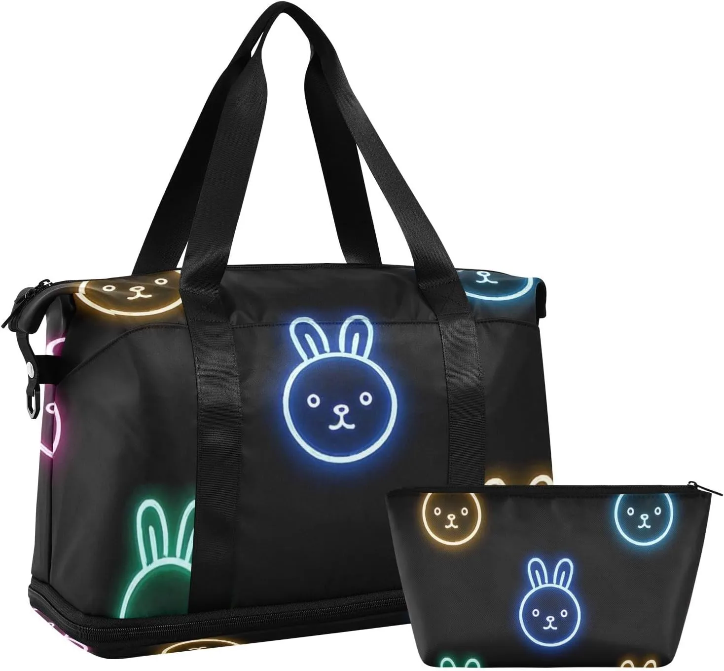 Cartoon Cute Colorful Neon Fluorescent Rabbit Overnight Travel Duffel Bag Weekender Overnight Bag with Adjustable Strap for Trekking Waterproof