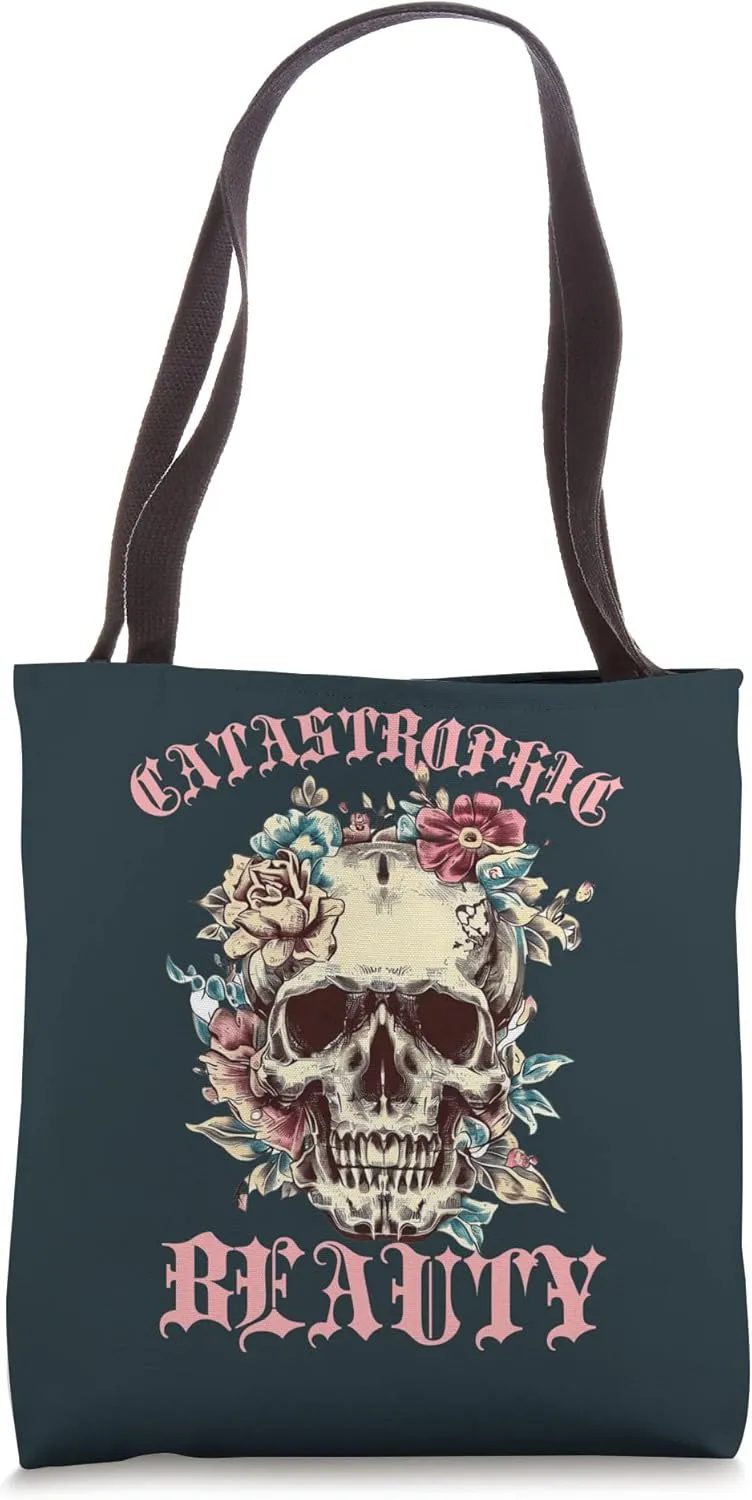 Catastrophic Beauty Retro Vintage Floral Skull Tote Bag