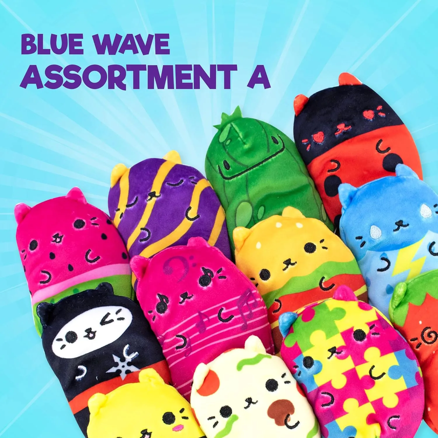 Cats vs Pickles 12pk Mystery Bags Blue Wave A 4" Bean Filled Plushies for Advent Calendars | Blind Bags for Girls and for Boys | Surprise Bean Collectibles | Mystery Bag for Kids & Adults | 12-Pack