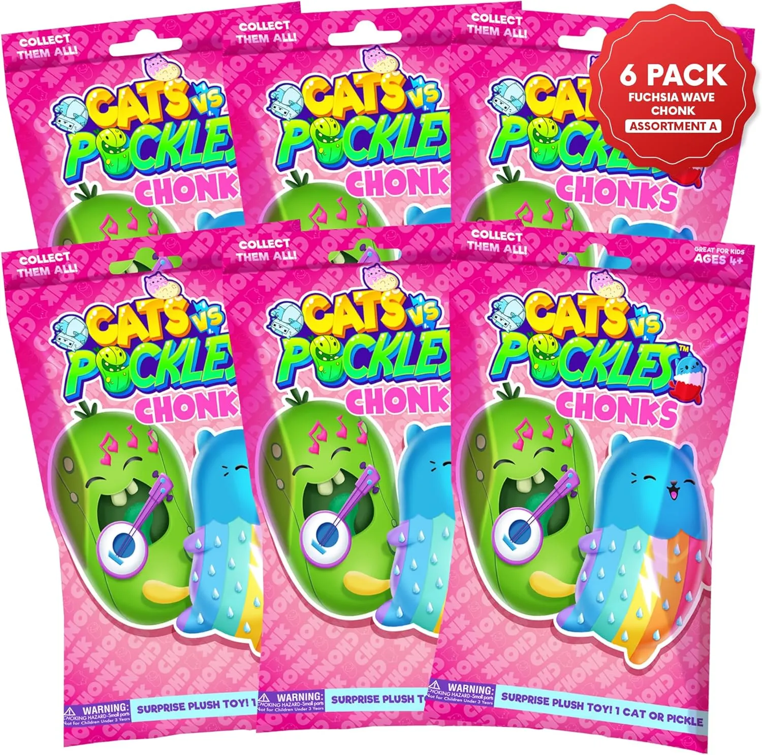 Cats vs Pickles Chonk Fuchsia Wave A Mystery Bags 6pk | 6" CvP Bean Filled Plushies | Blind Bags for Girls and Boys | Surprise Collectibles | Toys for Kids and Adults | Sensory Friendly | 6 Pack