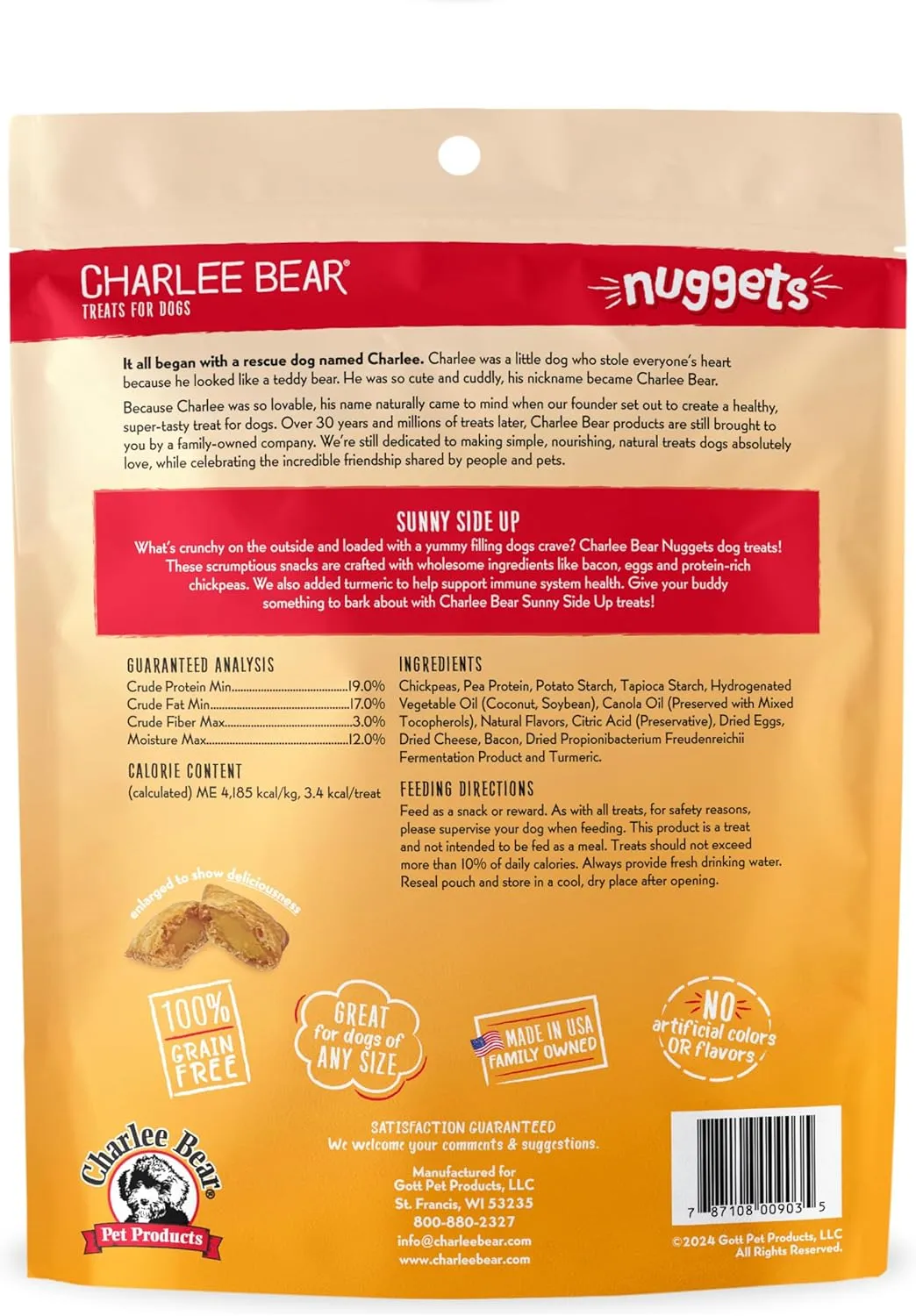 Charlee Bear Nuggets to Support Skin & Coat Health, Sunny Side Up with Omega 3s, Crunchy Outside and Creamy Inside, Real Bacon, Cheese, Egg, 6oz Bags (2), Made USA