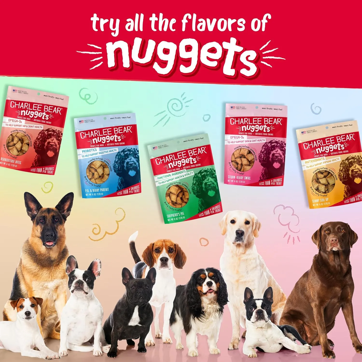 Charlee Bear Nuggets to Support Skin & Coat Health, Sunny Side Up with Omega 3s, Crunchy Outside and Creamy Inside, Real Bacon, Cheese, Egg, 6oz Bags (2), Made USA