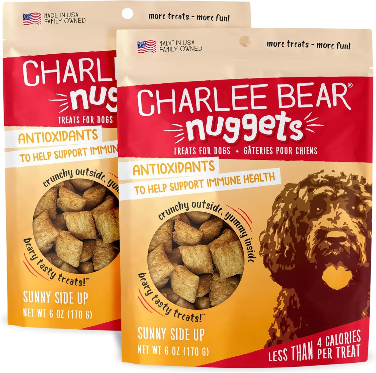 Charlee Bear Nuggets to Support Skin & Coat Health, Sunny Side Up with Omega 3s, Crunchy Outside and Creamy Inside, Real Bacon, Cheese, Egg, 6oz Bags (2), Made USA