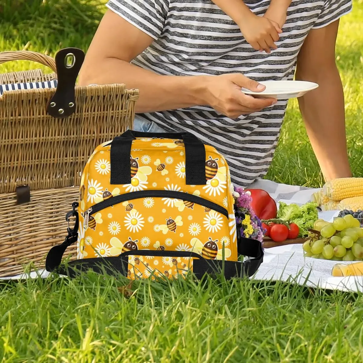 Cheerful Bees Lunch Bag Women Lunch Box for Women Adult Men Reusable Cute Lunch Box Tote Cooler Bags Insulated Portable Lunch Containers for Work, Office, Travel, Picnic