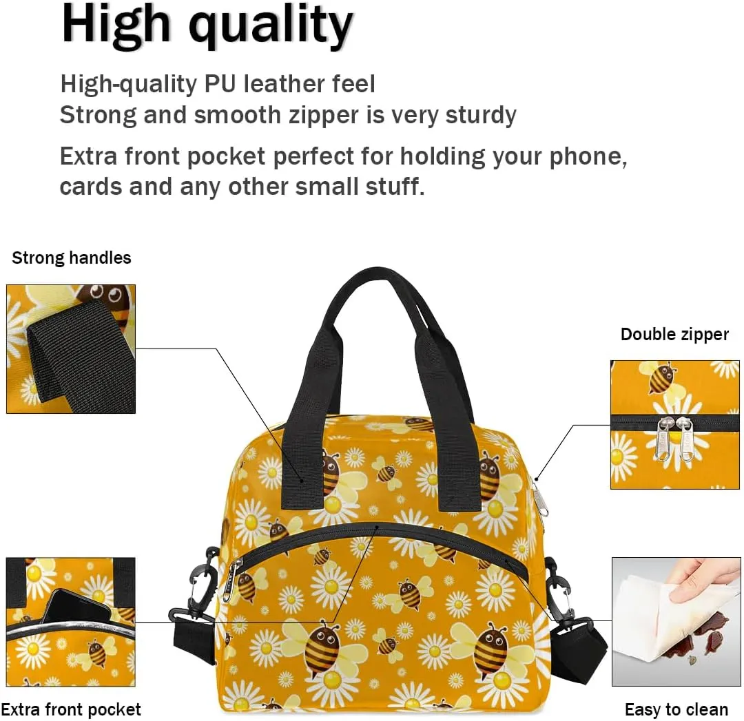 Cheerful Bees Lunch Bag Women Lunch Box for Women Adult Men Reusable Cute Lunch Box Tote Cooler Bags Insulated Portable Lunch Containers for Work, Office, Travel, Picnic