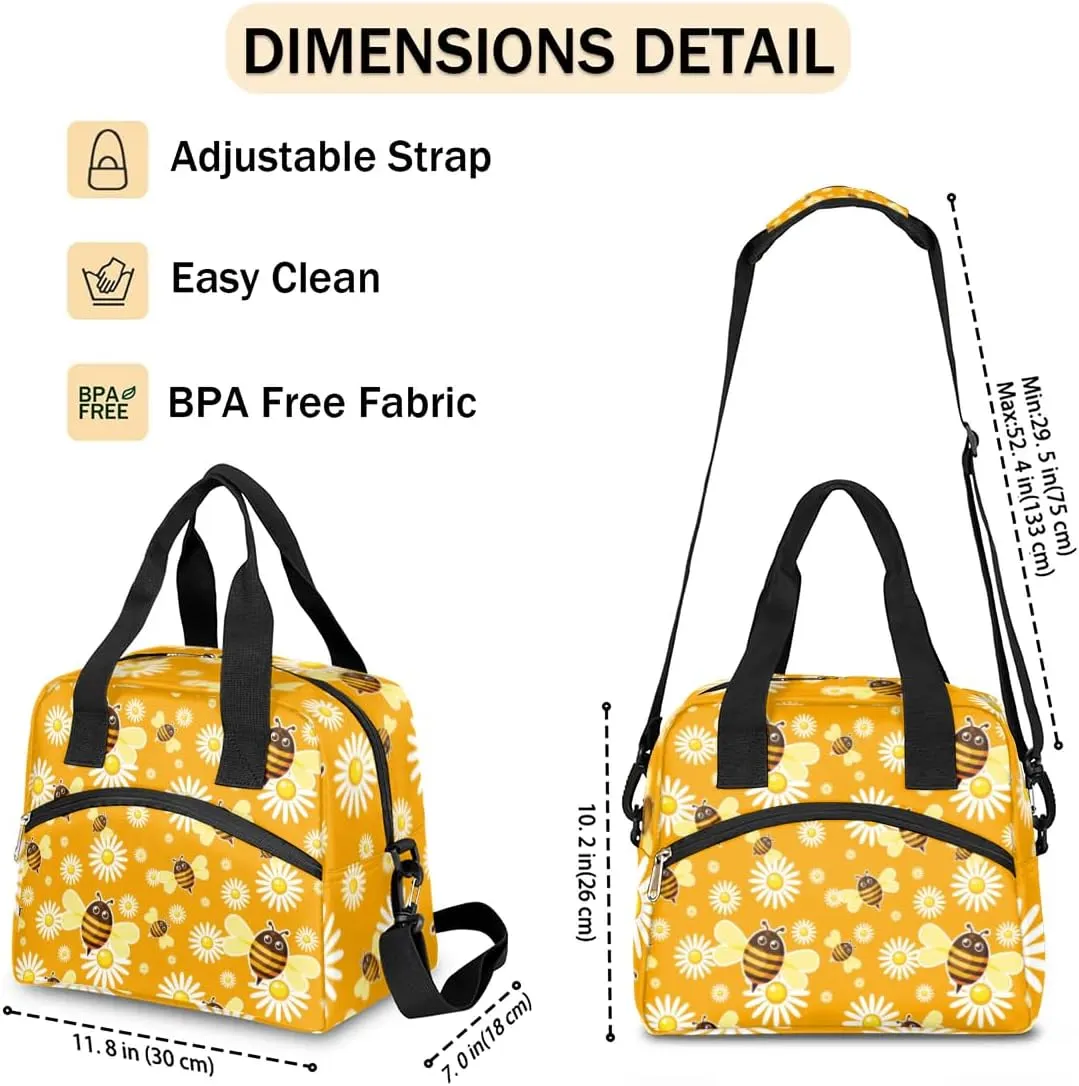 Cheerful Bees Lunch Bag Women Lunch Box for Women Adult Men Reusable Cute Lunch Box Tote Cooler Bags Insulated Portable Lunch Containers for Work, Office, Travel, Picnic