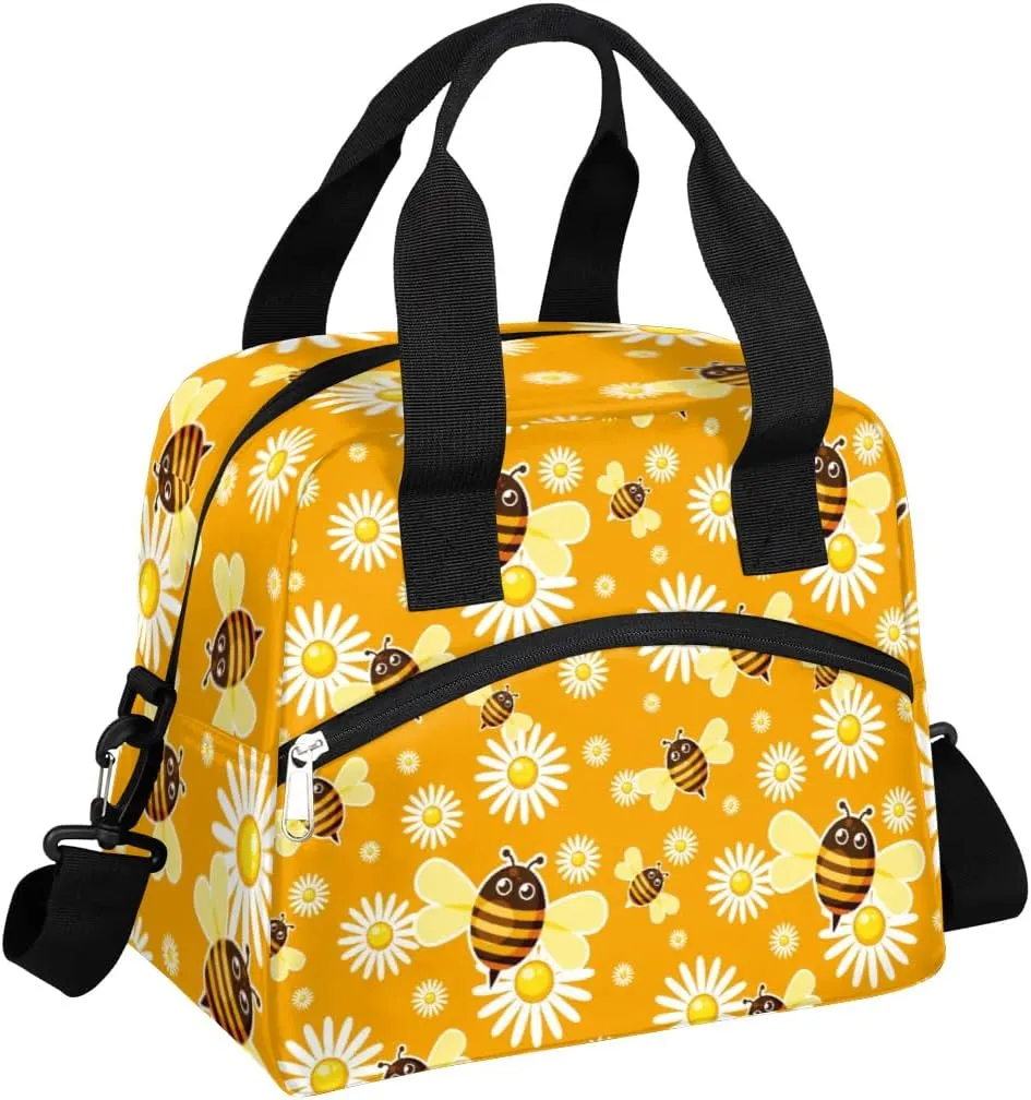 Cheerful Bees Lunch Bag Women Lunch Box for Women Adult Men Reusable Cute Lunch Box Tote Cooler Bags Insulated Portable Lunch Containers for Work, Office, Travel, Picnic
