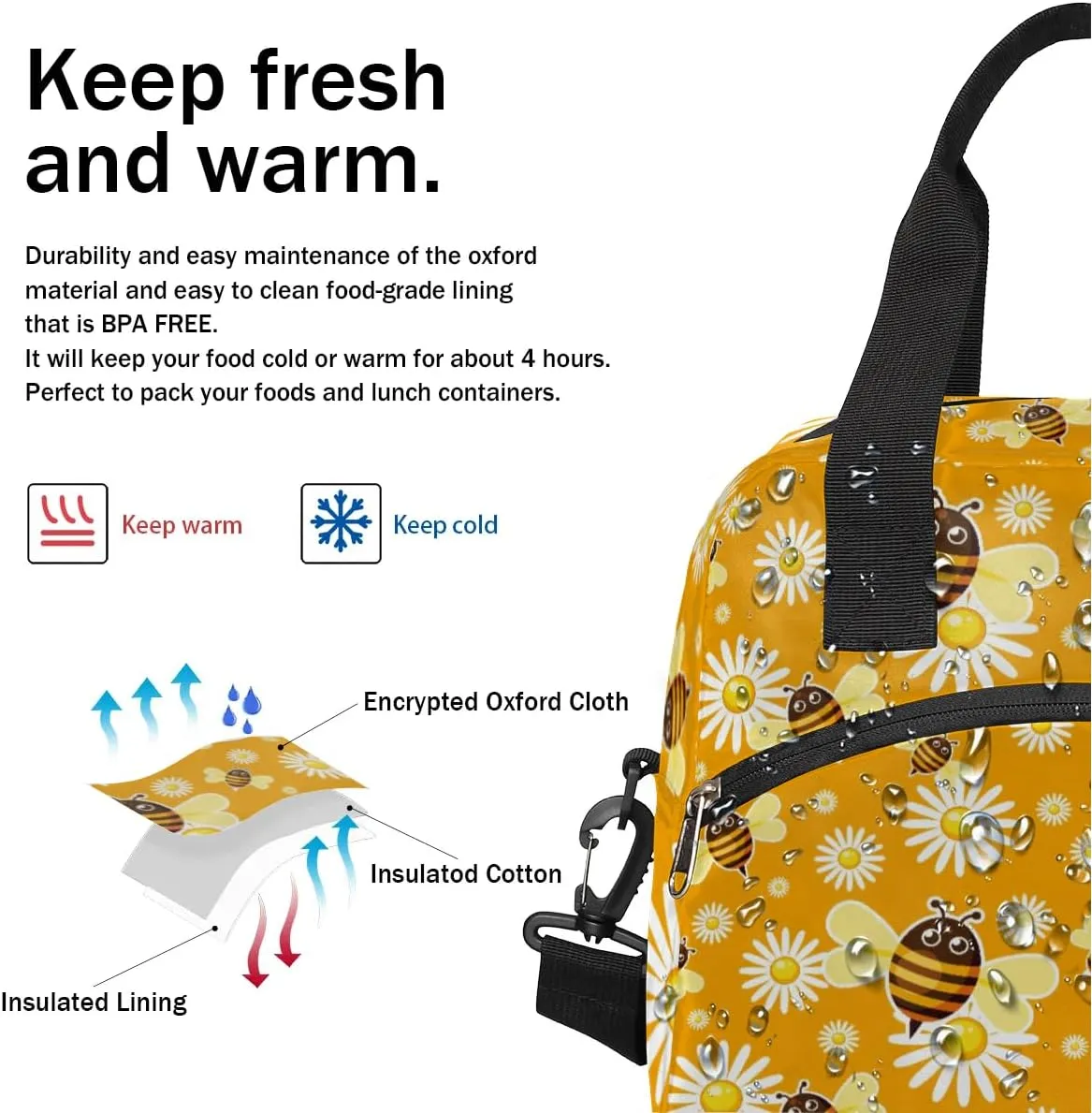Cheerful Bees Lunch Bag Women Lunch Box for Women Adult Men Reusable Cute Lunch Box Tote Cooler Bags Insulated Portable Lunch Containers for Work, Office, Travel, Picnic
