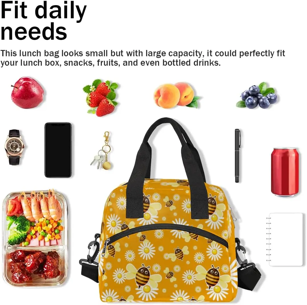 Cheerful Bees Lunch Bag Women Lunch Box for Women Adult Men Reusable Cute Lunch Box Tote Cooler Bags Insulated Portable Lunch Containers for Work, Office, Travel, Picnic