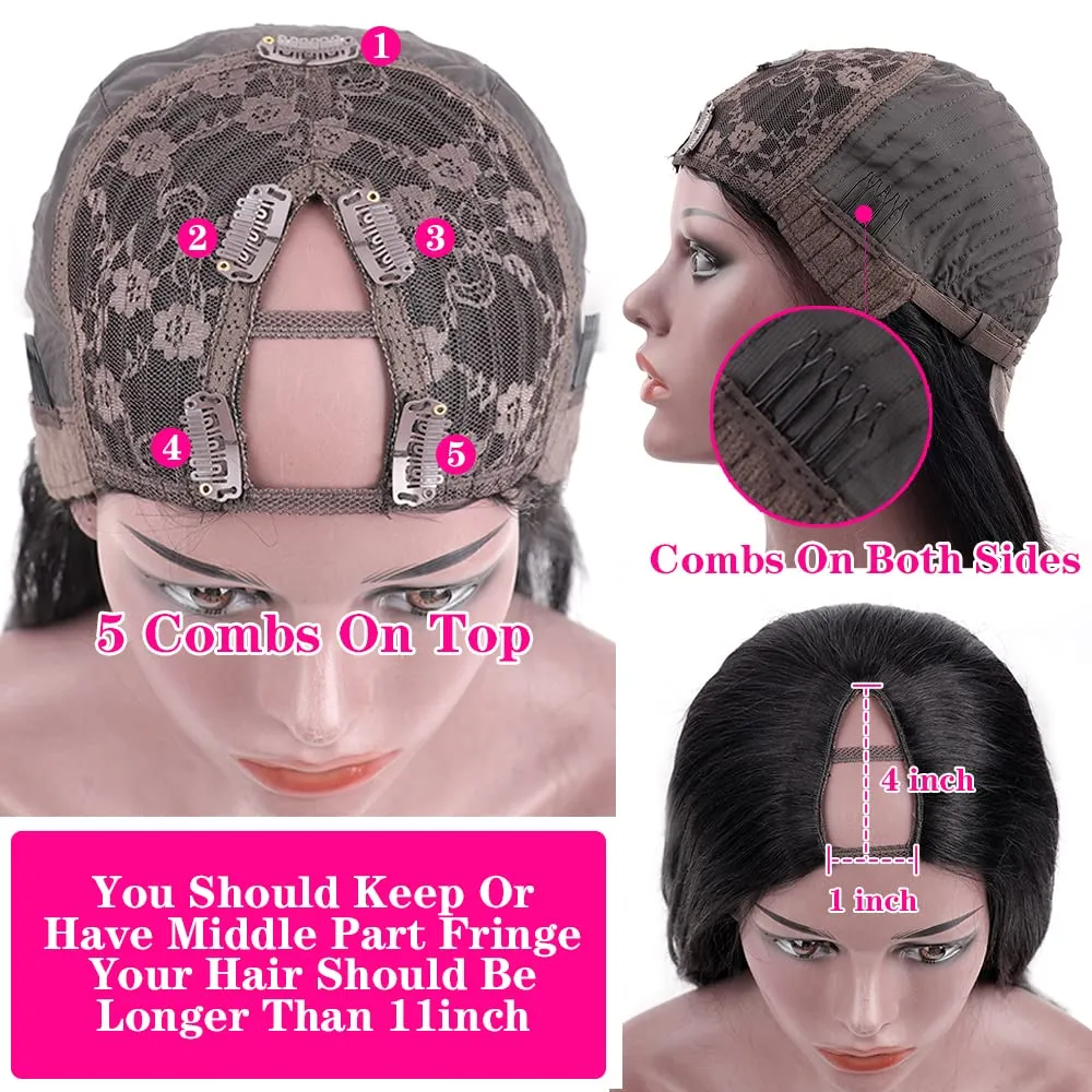 CHEETAHBEAUTY V Part Wigs Human Hair 16Inch No Leave Out Lace Front Wigs Upgrade U Part Wigs Brazilian Virgin Straight Human Hair for Women 180% Density Natural Color