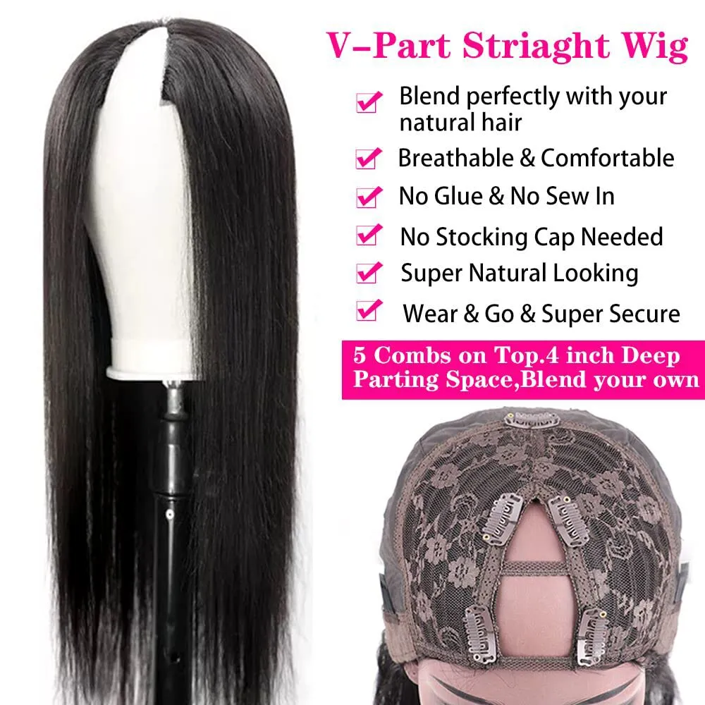 CHEETAHBEAUTY V Part Wigs Human Hair 16Inch No Leave Out Lace Front Wigs Upgrade U Part Wigs Brazilian Virgin Straight Human Hair for Women 180% Density Natural Color