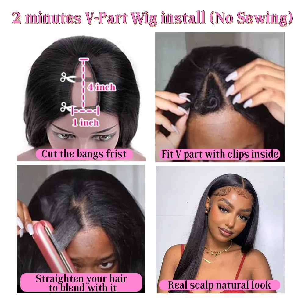 CHEETAHBEAUTY V Part Wigs Human Hair 16Inch No Leave Out Lace Front Wigs Upgrade U Part Wigs Brazilian Virgin Straight Human Hair for Women 180% Density Natural Color