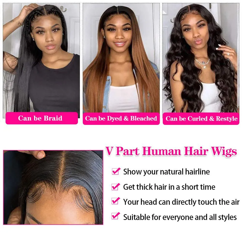 CHEETAHBEAUTY V Part Wigs Human Hair 16Inch No Leave Out Lace Front Wigs Upgrade U Part Wigs Brazilian Virgin Straight Human Hair for Women 180% Density Natural Color