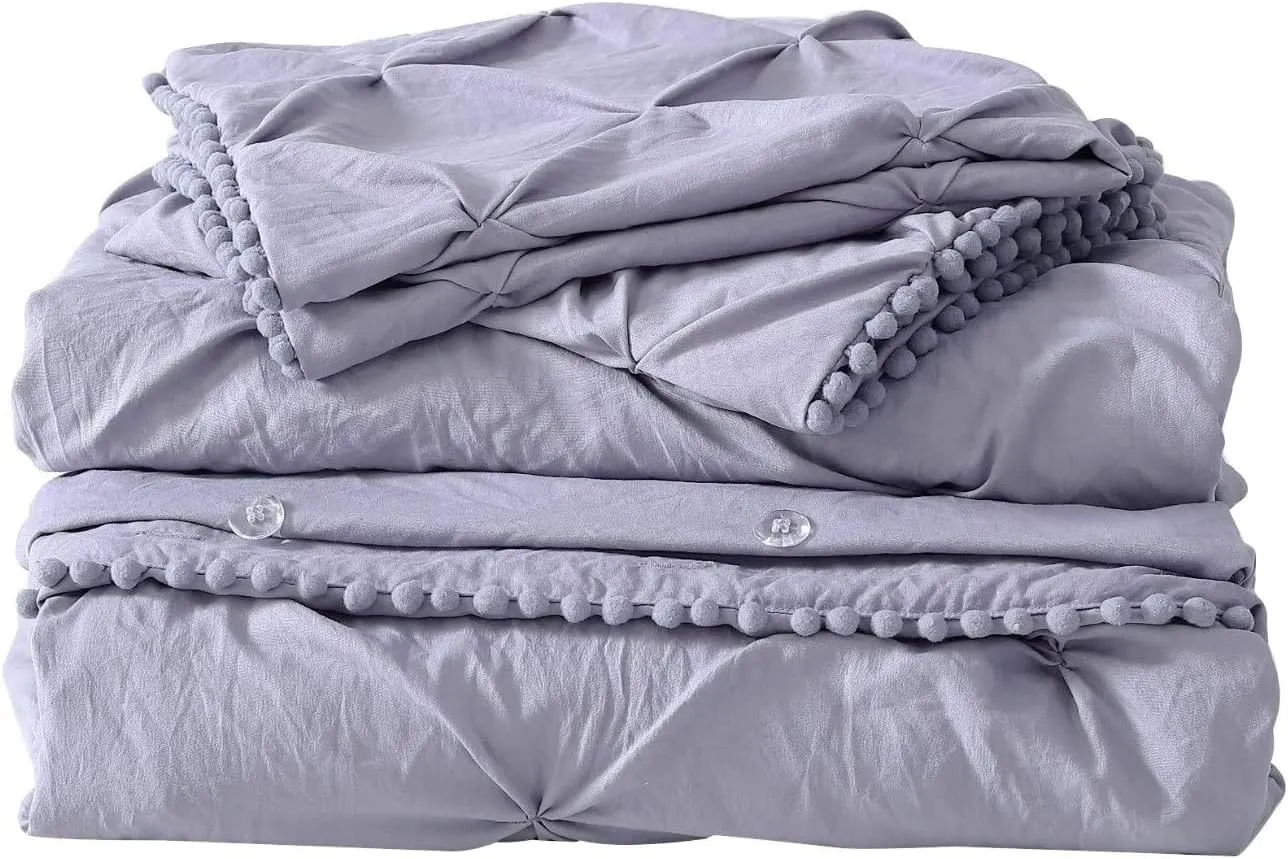 Chezmoi Collection Natalia 2-Piece Pom Poms Fringe Pinch Pleat Duvet Cover Set - Hypoallergenic Soft Washed Microfiber Comforter Cover with Button Closure and Corner Ties - Twin, Purple