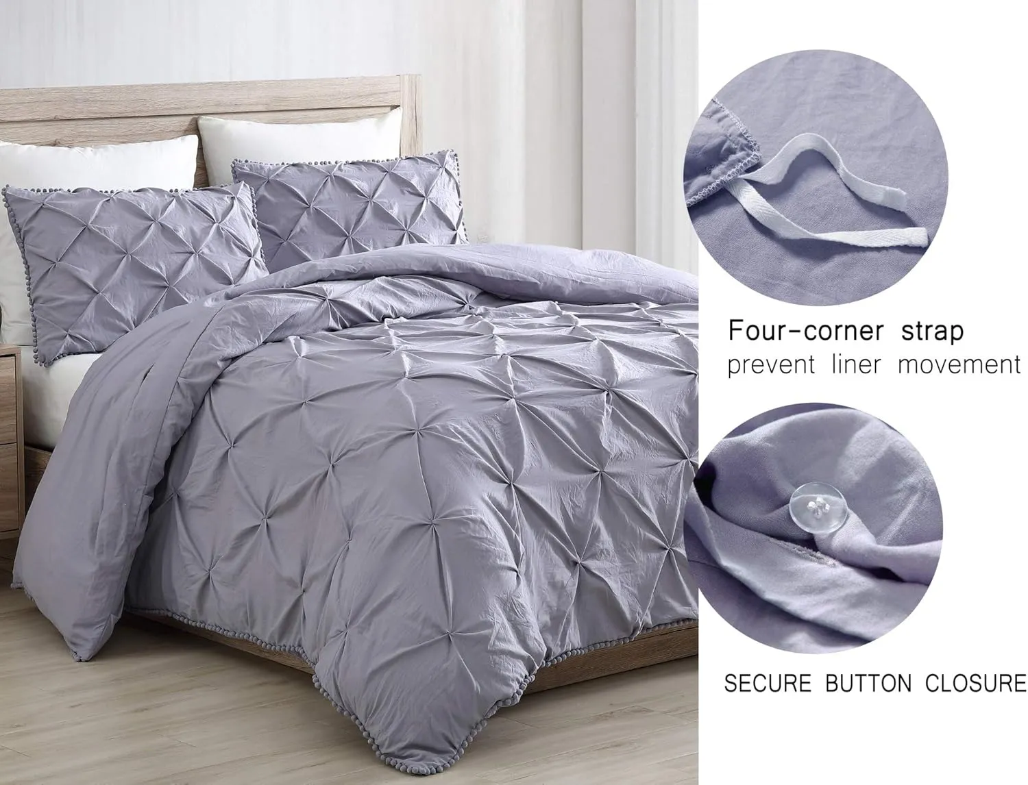 Chezmoi Collection Natalia 2-Piece Pom Poms Fringe Pinch Pleat Duvet Cover Set - Hypoallergenic Soft Washed Microfiber Comforter Cover with Button Closure and Corner Ties - Twin, Purple