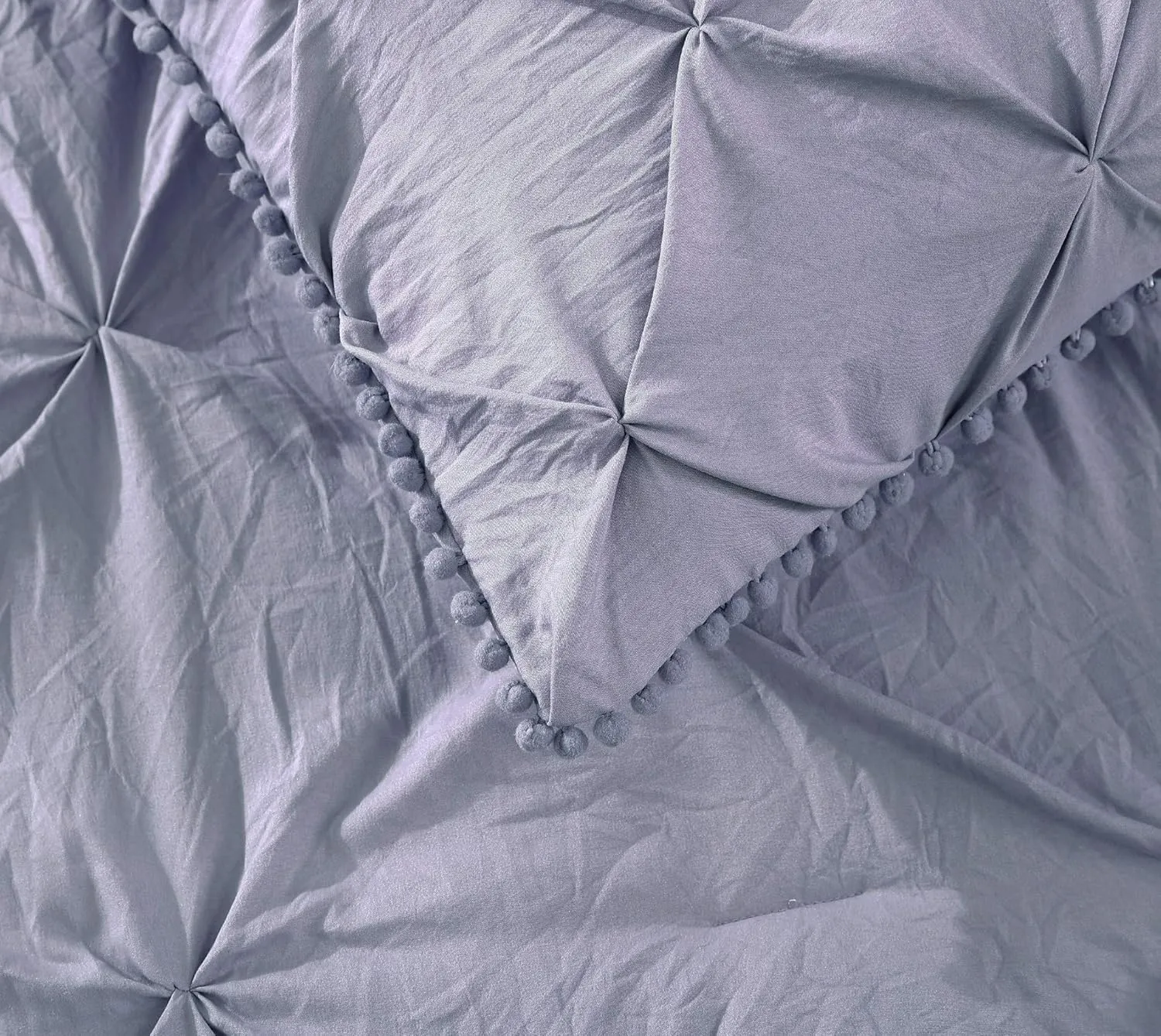 Chezmoi Collection Natalia 2-Piece Pom Poms Fringe Pinch Pleat Duvet Cover Set - Hypoallergenic Soft Washed Microfiber Comforter Cover with Button Closure and Corner Ties - Twin, Purple