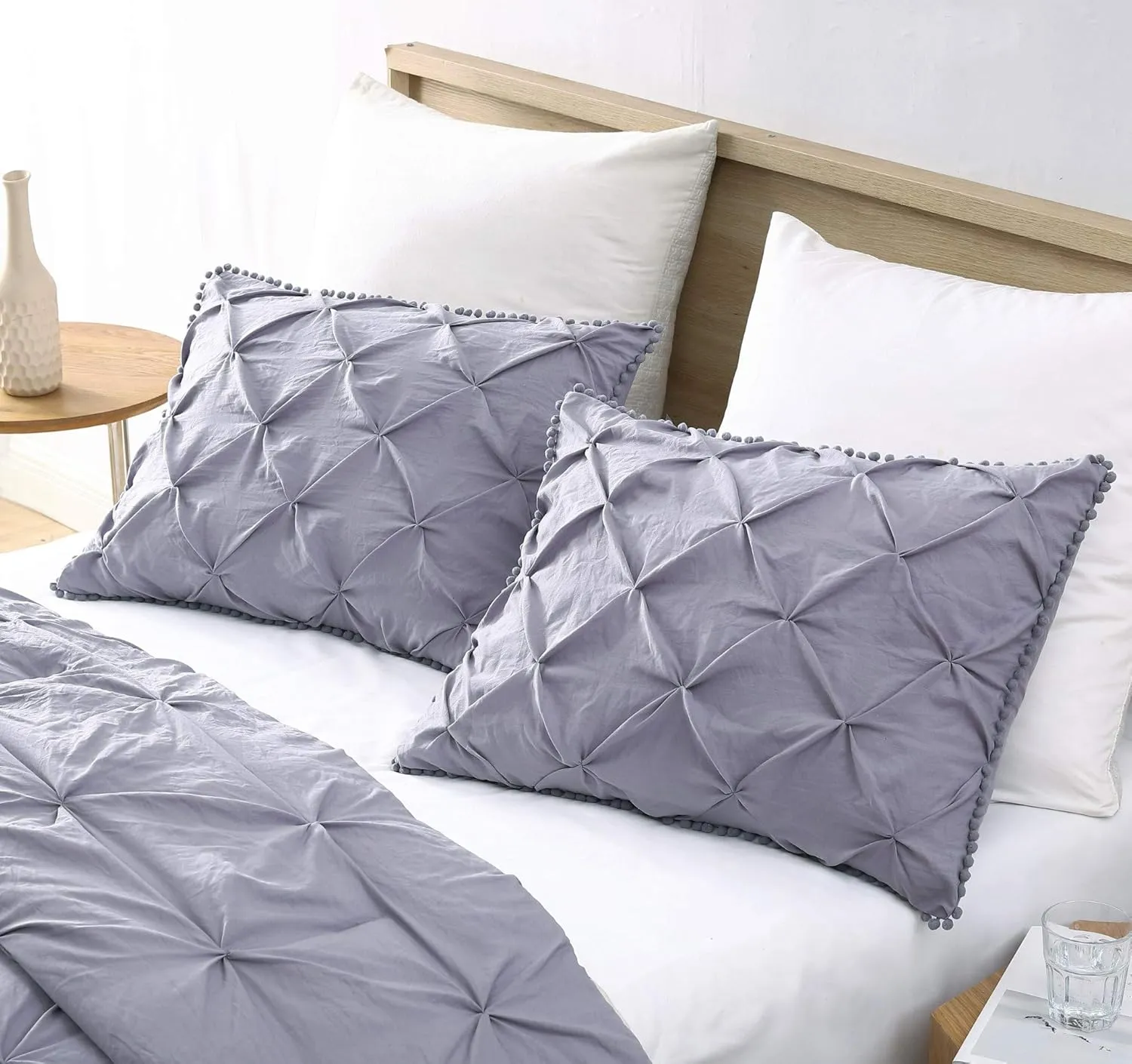 Chezmoi Collection Natalia 2-Piece Pom Poms Fringe Pinch Pleat Duvet Cover Set - Hypoallergenic Soft Washed Microfiber Comforter Cover with Button Closure and Corner Ties - Twin, Purple