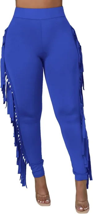 Choichic Women's Casual High Waist Fringed Pants With Elastic Waist - Bodycon Tassels Side Long Jogger Sweatpant