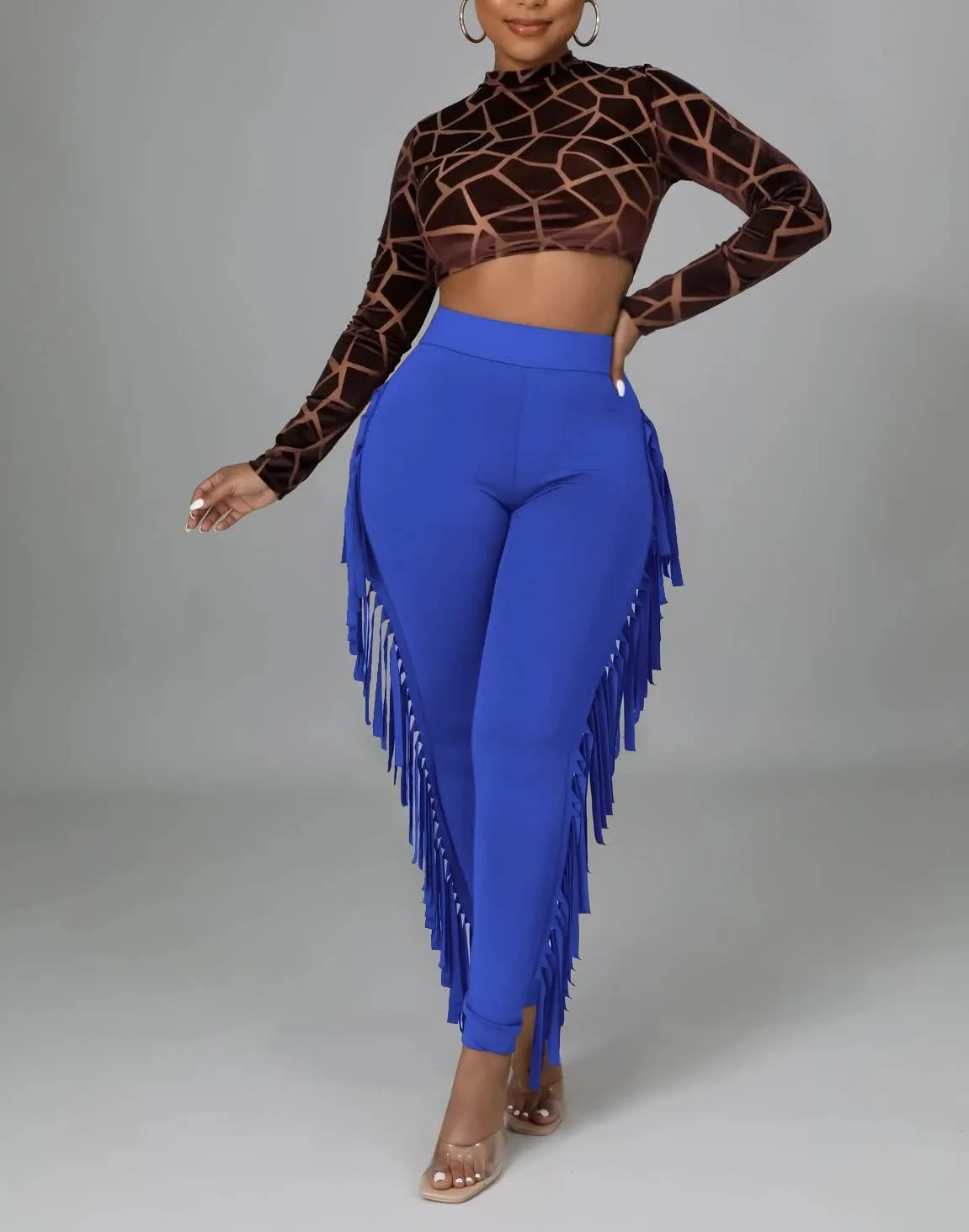 Choichic Women's Casual High Waist Fringed Pants With Elastic Waist - Bodycon Tassels Side Long Jogger Sweatpant