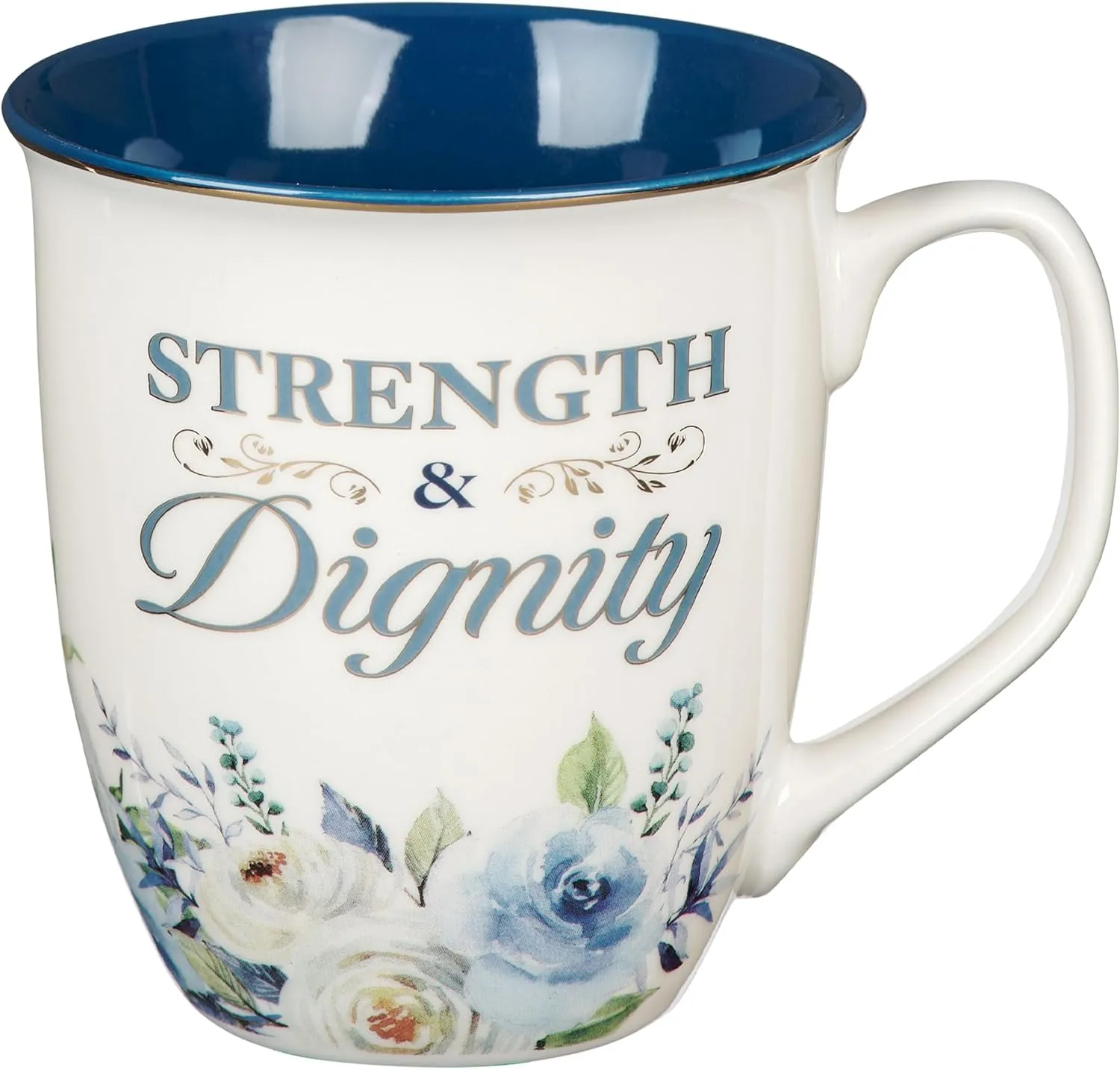 Christian Art Gifts Large Ceramic Inspirational Scripture Coffee & Tea Mug for Women: Strength & Dignity Encouraging Golden Bible Verse, Non-toxic Lead/Cadmium-free Cup, White & Blue Floral, 14 oz.