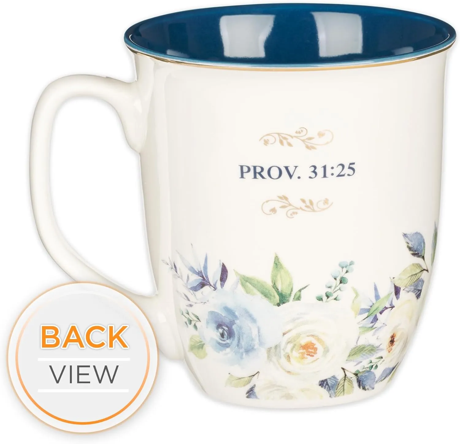 Christian Art Gifts Large Ceramic Inspirational Scripture Coffee & Tea Mug for Women: Strength & Dignity Encouraging Golden Bible Verse, Non-toxic Lead/Cadmium-free Cup, White & Blue Floral, 14 oz.