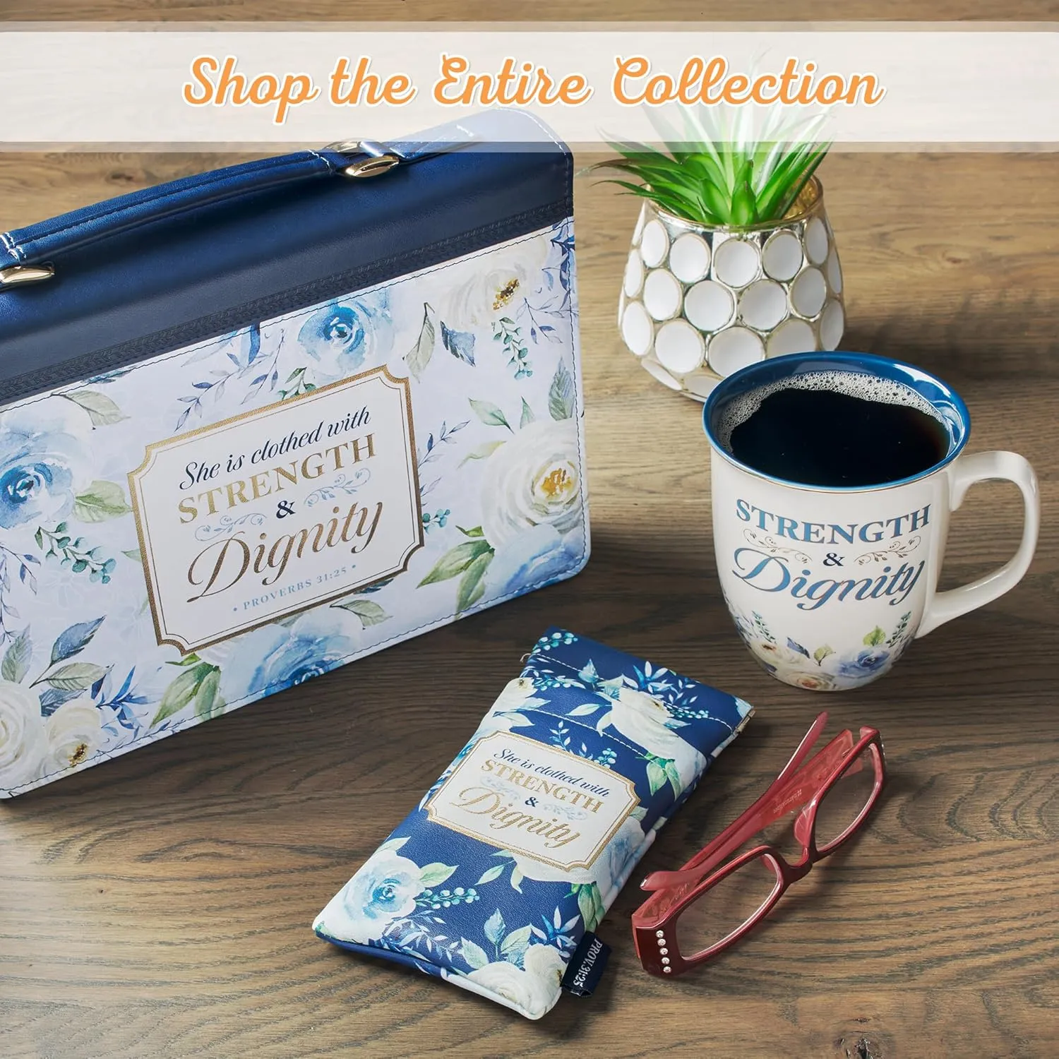 Christian Art Gifts Large Ceramic Inspirational Scripture Coffee & Tea Mug for Women: Strength & Dignity Encouraging Golden Bible Verse, Non-toxic Lead/Cadmium-free Cup, White & Blue Floral, 14 oz.
