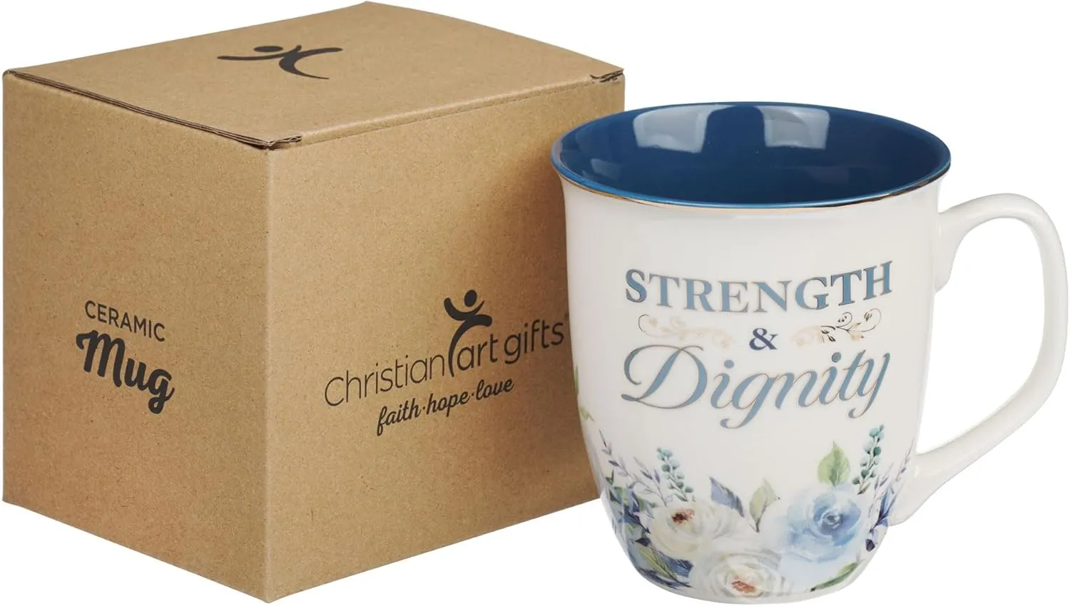 Christian Art Gifts Large Ceramic Inspirational Scripture Coffee & Tea Mug for Women: Strength & Dignity Encouraging Golden Bible Verse, Non-toxic Lead/Cadmium-free Cup, White & Blue Floral, 14 oz.