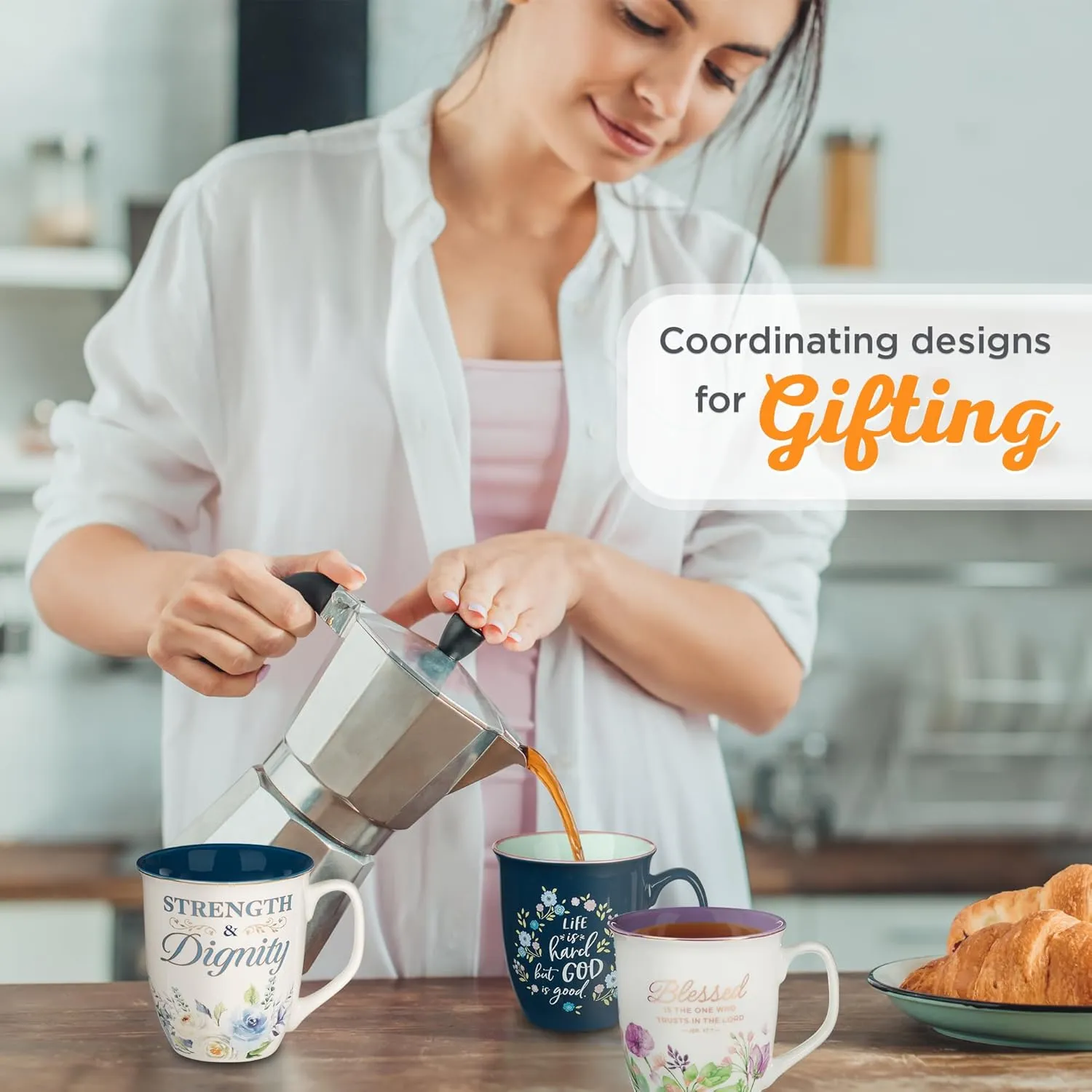 Christian Art Gifts Large Ceramic Inspirational Scripture Coffee & Tea Mug for Women: Strength & Dignity Encouraging Golden Bible Verse, Non-toxic Lead/Cadmium-free Cup, White & Blue Floral, 14 oz.