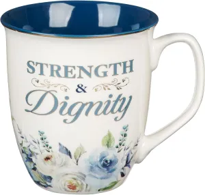 Christian Art Gifts Large Ceramic Inspirational Scripture Coffee & Tea Mug for Women: Strength & Dignity Encouraging Golden Bible Verse, Non-toxic Lead/Cadmium-free Cup, White & Blue Floral, 14 oz.