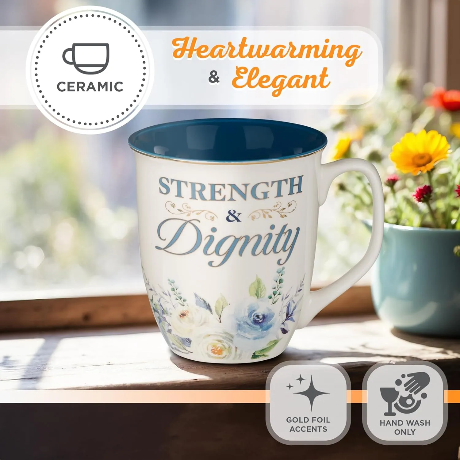 Christian Art Gifts Large Ceramic Inspirational Scripture Coffee & Tea Mug for Women: Strength & Dignity Encouraging Golden Bible Verse, Non-toxic Lead/Cadmium-free Cup, White & Blue Floral, 14 oz.