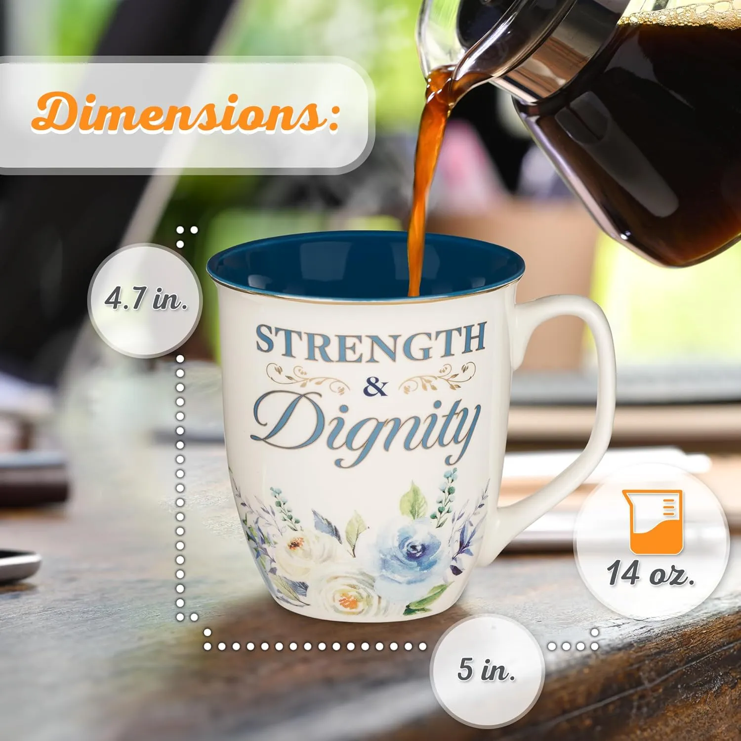 Christian Art Gifts Large Ceramic Inspirational Scripture Coffee & Tea Mug for Women: Strength & Dignity Encouraging Golden Bible Verse, Non-toxic Lead/Cadmium-free Cup, White & Blue Floral, 14 oz.