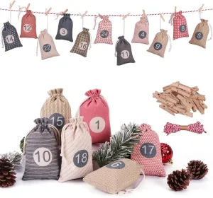 Christmas Advent Calendar Bags, 24 Days Countdown Calendar Burlap bags Hanging Advent Calendar Gift Favors for Xmas Decorations, Reusable Fabric Bags With Drawstring Closure(retro country style)