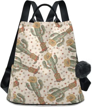 Christmas Cowboy Cactus Anti Theft Backpack Purse for Women Fashion Travel Bags with Pompom