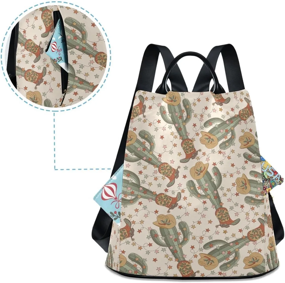 Christmas Cowboy Cactus Anti Theft Backpack Purse for Women Fashion Travel Bags with Pompom