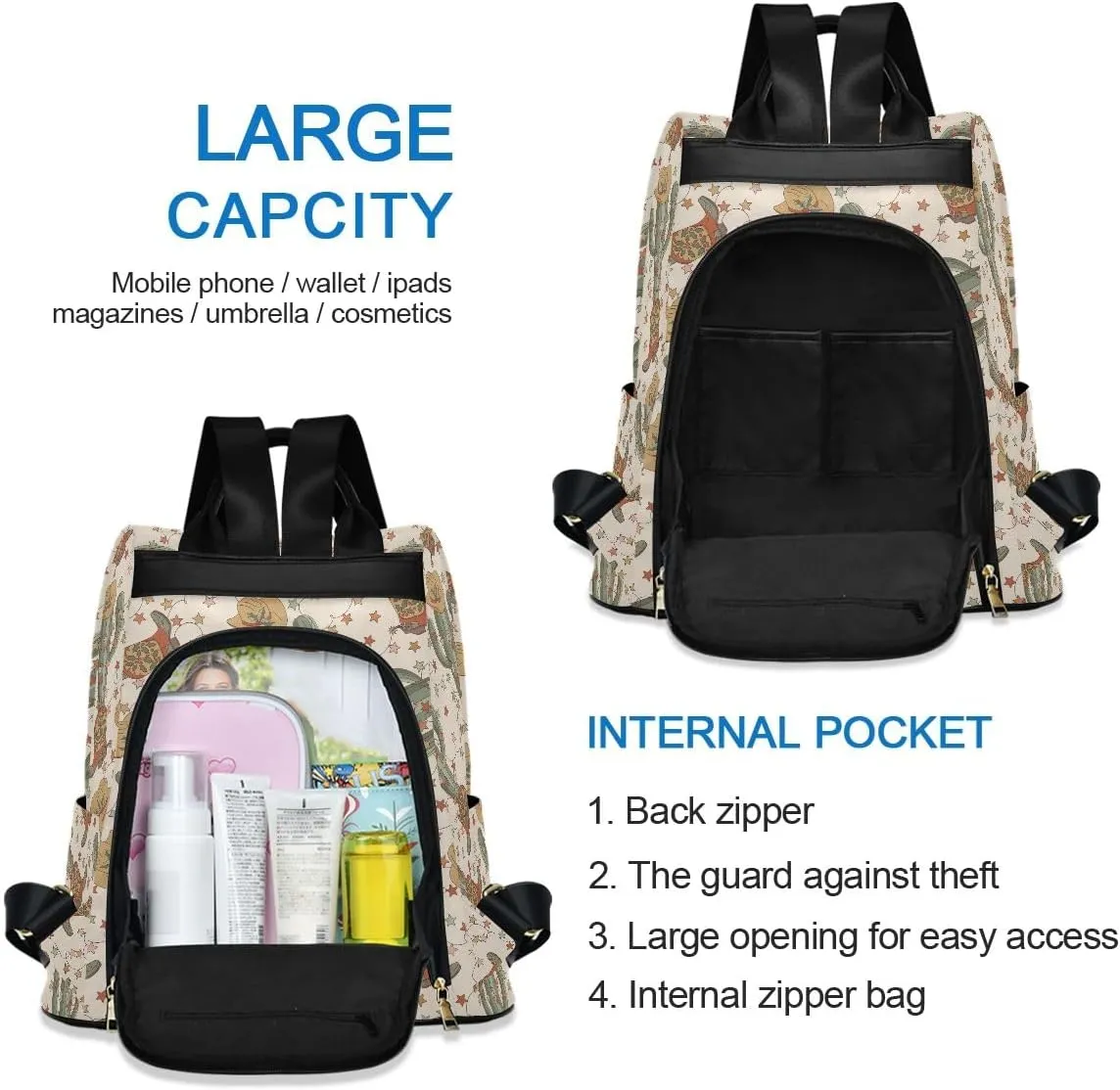 Christmas Cowboy Cactus Anti Theft Backpack Purse for Women Fashion Travel Bags with Pompom