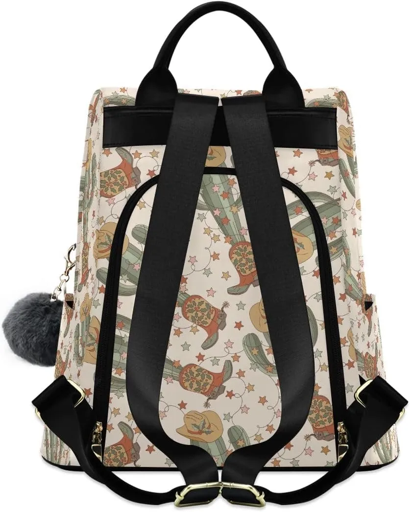 Christmas Cowboy Cactus Anti Theft Backpack Purse for Women Fashion Travel Bags with Pompom
