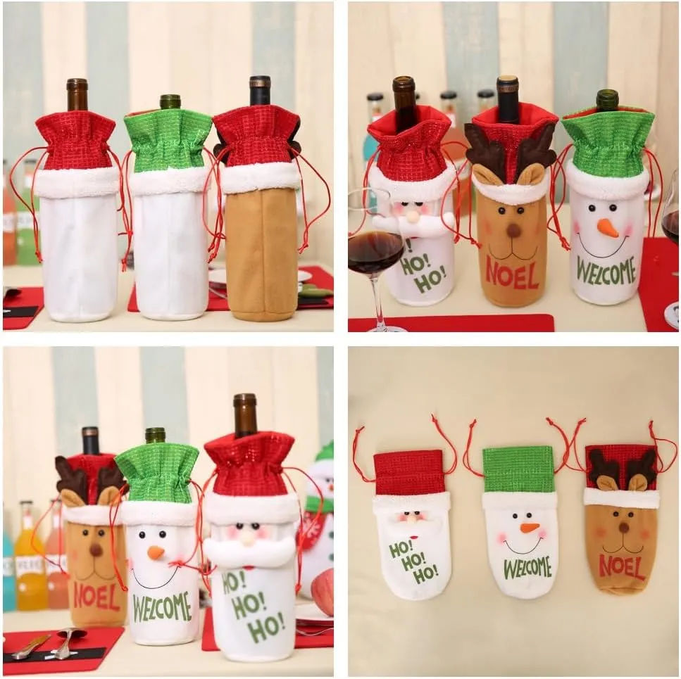 Christmas Wine Bottle Covers（Set of 9） with Drawstring Christmas Wine Bottle Decoration Reusable Wine Bags Dining Table Decorations Party Gifts Decor Santa Clause，Snowman，Reindeer (C)